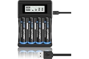 CITYORK Batterie ricaricabili agli ioni di litio AA, confezione da 4 batterie ricaricabili da 1,5 V AA 3000 mWh, con caricabatterie intelligente LCD a 4 alloggi