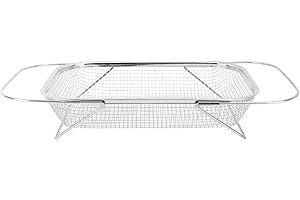 CYRANK Über Der Spüle Sieb aus Edelstahl, Ovaler Siebkorb Für Die Küchenspüle, Feinmaschiger Siebkorb Mit Griffen, Erweiterbar, Zum Abtropfen von Gemüse Und Obst in Der Küche(Silber)