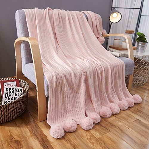AliceHome Cozy Knitted Throw Blanket With Big Cute Pompom for Watching TV or Nap on Chair,Sofa and Bed (Pink, 150cm*200cm)