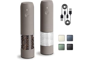 TLYSXPRO Juego de Molinillo Pimienta Eléctrico y Salero, Recargable por USB, Molinillo de Salero y Pimentero con Granulometría Ajustable, Salero y Pimentero Eléctrico, Luz LED (2 Piezas, Greige)