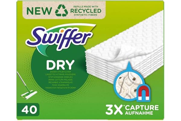 Swiffer Recharges Lingettes Sèches, 40 Lingettes Nettoyantes, pour Balai Swiffer, Attrape et Retient la Poussière