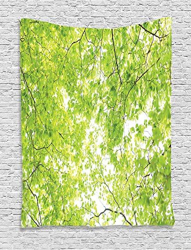 XHFITCLtd Leaves Decor Tapestry, Fresh Summer Branches And Leaves Of A Tree Epic View From The Ground Growth Botanical Picture, Bedroom Living Room Dorm Decor, 40 W x 60 L Inches, Green
