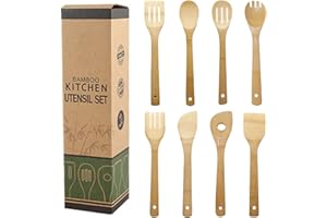 Binnan 8 Piezas Juego de Utensilios de Cocina de Madera de Bambú, Cucharones de Cocina, Juego Utensilios Cocina, Set Menaje de Cocina