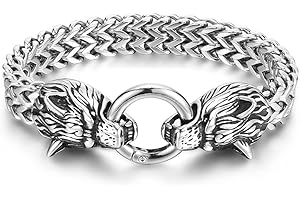 PiercingJak Men Viking Wolf Head Bracelet for Men Stainless Steel King Chain Men's Nordic Viking Norse Jewelry Biker Amulet Odin's Wolf Bracelets
