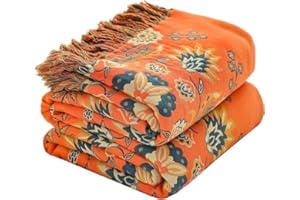 ‎HOORDRY HOORDRY Sofa Doppelseitig Kuscheldecke Grün & Orange, Tagesdecke Boho 200×230cm,Baumwolle Sofaüberwurf Mit Fransen,Couch Überwurf Vielseitige Decke Für Sofagroße Tagesdecken Für Bett
