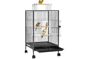 Yaheetech Vogelkäfig mit offenem Dach, Vogelvoliere mit Holzstangen und 360° drehbaren Rollen, 2 Futternäpfe & Schublade, großer Raum für Vögel, 45,5x45,5x89,5 cm