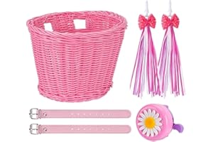 SVNR Kids Bike Basket Set Girl Bike Basket Handwoven Bike Baskets for Kids Children Cycling Baskets with Spare Leather Straps and Bell Easy Install Detachable