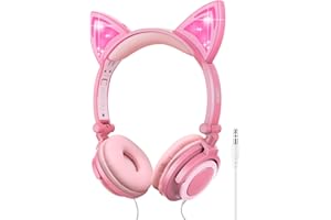 LOBKIN Kopfhörer Kinder,Faltbar Kinder Kopfhörer ab 3 Jahren Einziehbar LED Beleuchteter Katzenohr Ohrhörer mit Kabel,85dB Lautstärkegrenze Perfekte Geschenkoptionen für Kinder