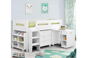 happybeds Kimbo White Sleep Station Children Kids Cabin Bunk Bed with Spring Mattress 3' Single 90 x 190 cm