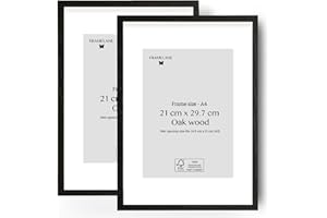 Framelane Lot de 2 cadres photo en chêne noir A4 21x29,7 cm - Cadre élégant avec finition haut de gamme - Bois durable certifié FSC - Inclut un chevalet et des clips métalliques