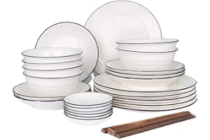 CSYY Serwis stołowy, 30-częściowy serwis naczyń z porcelany dla 6 osób, CSYY Premium okrągły serwis kombi z miskami, talerze obiadowe, miseczki do dipów, pałeczki, białe, nowoczesny, styl vintage