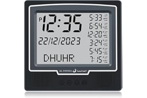 AL SALAMA Azan Alarm Table Clock, Automatic Worldwide Digital 8 Azan Prayer Sounds, Muslim Prayer Clock for Home Decor, Ramadan Gift (Black)