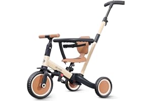 newyoo Toddler Trike with Parent Handle for 1-3 year old, Toddler Bike, Baby Balance Bike, Birthday Gift & Ride-On Toy for Boy & Girl, 5 in 1 Kids Tricycle with Safety Guard, TR008, Khaki