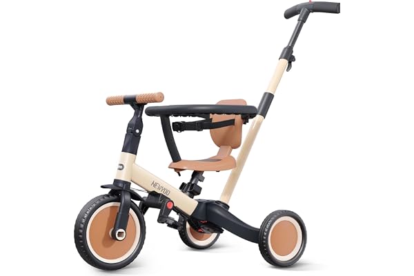 newyoo Tricycle Draisienne 5 en 1, Tricycle Bébé Évolutif 1-3 Ans avec Barre de Poussée, Vélo Enfant, Guidon Réglable, Barres de Sécurité, Jouet à Chevaucher, Cadeau d' Anniversaire, TR008, Kaki