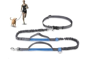 Achort Guinzaglio per cani senza mano, cintura per cani, cintura per la vita, guinzaglio per cani, accoppiatore, cintura con elastico retrattile, cuciture riflettenti per cani fino a 110 kg (blu)