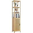 HITNET Bathroom Storage Cabinet, 6-Tier Bamboo Tall Narrow Linen Tower Corner Rack, Space Saving Floor Standing Organizer with Open Shelves and Single Door, Natural