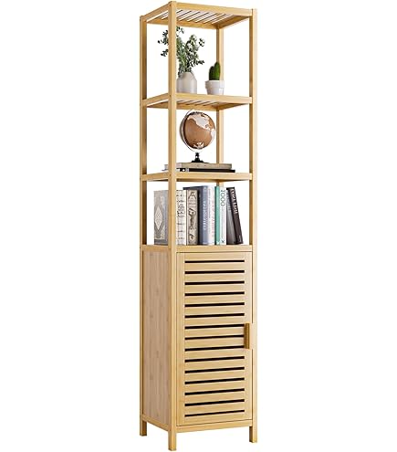 Meuble Salle De Bain HOMCOM En Bambou - Armoire De Rangement Avec 3 Étages Et Portes à Lattes - 63x30x138 Cm
