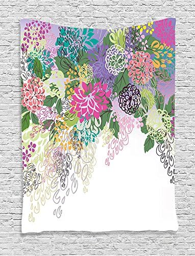 Flower Decor Tapestry Wall Hanging, Hand Drawn Style Graphic Floral Print Nature Inspiration Vintage Bohemian Home Decor, Bedroom Living Room Dorm Decor, 60 W x 80 L Inches, White Violet