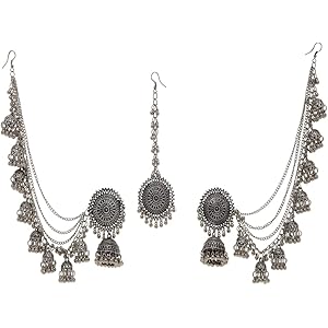 Shining Diva Fashion Latest Stylish Oxidised Maang Tikka Bahubali Jhumka Earrings for Women and Girls (12395er)
