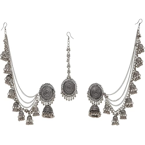 Shining Diva Fashion Latest Stylish Oxidised Maang Tikka Bahubali Jhumka Earrings for Women and Girls (12395er)