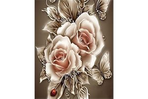 YEESAM ART DIY Ölgemälde Malen nach Zahlen Erwachsene Kinder, Golden Rose Blumen Schmetterling Marienkäfer Zahlenmalerei ab 5 Öl Wandkunst (Rose, mit Rahmen)