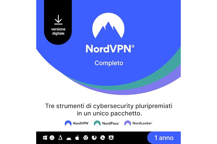 NordVPN Completo, 1-Anno, VPN e Cybersecurity Software, Codice Digitale
