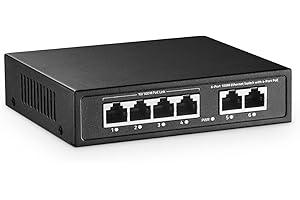 YuLinca Mini interruptor PoE de 6 puertos con 4 puertos PoE+, 2 Fast Ethernet Uplink, 10/100 Mbps, 65 W 802.3af/at PoE, interruptor de red PoE+ de metal sin ventilador Plug & Play
