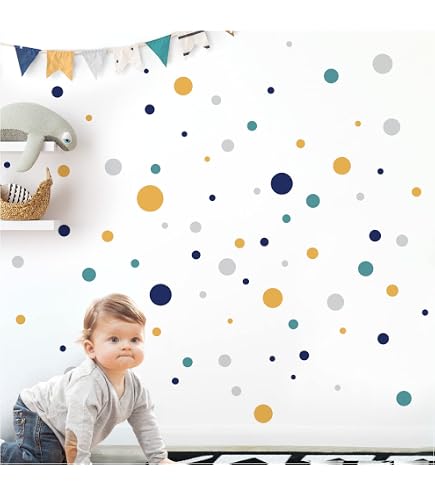 92 Stickers Muraux Pois Bébé Little Deco - Bleu Menthe Et Jaune - Adhésif Amovible Sans Trace - Chambre Enfant