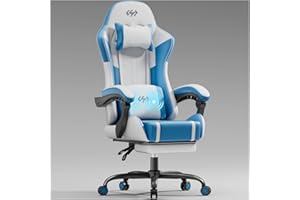 HLFURNIEU Sedia Gaming Massaggiante, Poltrona Gaming con Poggiapiedi e Cuscino Lombare Massaggiante, Sedia Gamer Regolabile in altezza, Schienale Regolabile 90°-135°, Portata 150kg (Bianco e Blu)