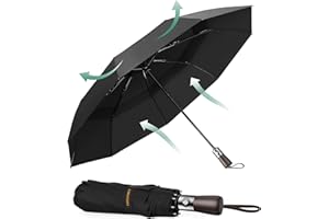 TECKNET Umbrella Windproof Strong Real Wood Handle Auto Open Close Vented Double Canopy - Portable Compact Folding Travel Umbrella, Strong Fiberglass Frame for Men and Women