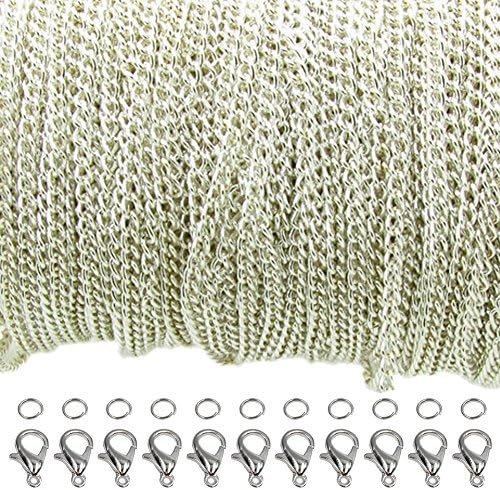 Ucatcher 39 Feet Curb Chain Necklace Bulk Cable 2.5mm Width with 30 Lobster Clasps and 100 Open Jump Rings for Jewelry Making (Silver)
