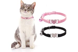 BINGPET verstellbares Katzen-Halsband mit Glocke und Herzanhänger mit Kristallsteinen, weicher Samtstoff, sicheres Halsband, 23-30 cm