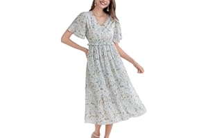 GRACE KARIN Femme Robe Florale à Manches Courtes Évasées Robe Midi Plissée V-Col Casual et Chic Robe Trapèze Doublée