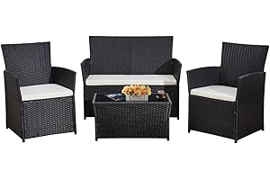 AFURNI 4-Piece Rattan Garden Furniture Set, Black Rattan Table and Chairs with White Cushions