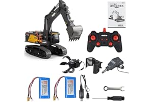 MODELTRONIC. Excavadora RC proporcional Huina 1594 Gris con Martillo, Garra y Recoge Troncos con Cadenas de Metal Escala 1/14 + bateria Extra. (Amarilla)
