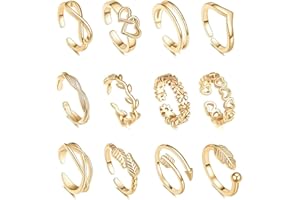KOLZEMV 12 Pcs Bagues d'Orteil Remplies d'Or, bague orteil femme pour Femme Bagues à Bout Ouvert Coeur de Fleur Bagues De Pouce Réglables Bagues d'Orteil En Or Bijoux de Pied de Plage d'Été