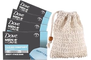 Wundle Bundle Soap Saver Exfoliating Pouch with 4 x Dove Men + Care Moisturising Soap Bars (CLEAN COMFORT)