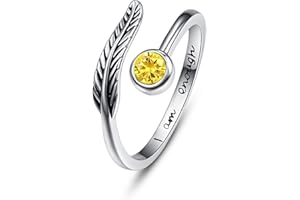 PRAYMOS Birthstone Adjustable Open Feather Ring 925 Sterling Silver Birth Stone Ring Jewelry Gift Birthday Gift for Mom Women Wife Girls