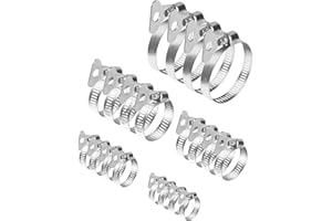 QUIIEOSKIA Hose Clamps with Adjustable Handle, Stainless Steel Jubilee Clips, Hose Clips, Adjustable Worm Drive Hose Pipe Clamps Pipe Clips for Flexible Gas Petrol Fuel Line Hose Pipe Tube, 5 Sizes(6-44mm