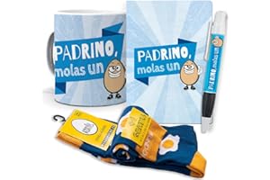 MUNDOHUEVO Super Regalo Personalizado para Padrinos. Padrino molas un Huevo. Taza, libreta, boli y Trio de Calcetines
