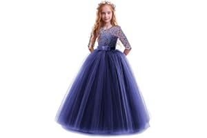 IWEMEK Enfants Fille Robe de Carnaval Princesse Longue en Dentelle avec Bowknot Demoiselle d'honneur Robe de Soirée Mariage Robe de Première Communion Anniversaire Fête Photographie 2-14 Ans