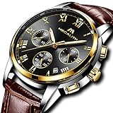 Herren Uhren Lederarmband Männer Chronograph Luxus Mode Wasserdicht Sport Datum Kalender Analog Quarz Uhr Geschäfts Beiläufig Kleid Armbanduhr mit Römische Ziffern Zifferblatt (Schwarz)