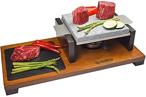 PIEDRASAR PIEDRAS PARA ASAR Piedra para carne de 20x20 con quemador y plato de Pizarra Modelo Menú