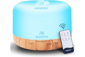 Miserwe Difusor de Aceite Esencial de 500 ml Humidificador Modo de Niebla Ajustable, Apagado automático sin Agua con Control Remoto inalámbrico, 7 Colores de luz LED