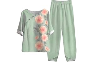 HAOLEI Set Lino Estivo Tuta Donna Completa Camicia per Anziani E Mezza età Old Lady Top con Maniche a Sette Punti E Completo di Pantaloni Tuta Elegante Donna Moda Stampato Curvy Casual Leggera Confortevole