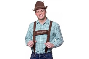 A2ZFD Adult Mens Oktoberfest Braces + Deluxe Brown Bavarian Hat : Beer Festival Fancy Dress Accessory Set, L