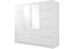‎MIRJAN24 Drehtürenschrank Bado 4D, Kleiderschrank mit Spiegel, Schubladen und Spiegeltüren, Elegantes Schlafzimmer Schrank, Jugendzimmer (Weiß)