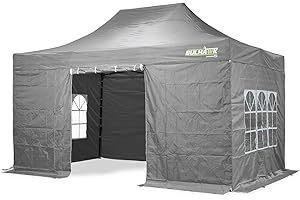 BULHAWK® 3M x 4.5M PREMIUM 32 COMMERCIAL GRADE, WATERPROOF, HEAVY DUTY POP UP GAZEBO MARKET STALL MARQUEE, INCLUDES 4 X 100% WATERPROOF SIDEWALLS AND CARRY BAG (Grey)