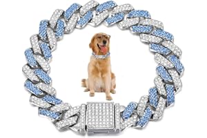 WEIMOMONKEY Dog Collar Chain, Blue Diamond Necklace Bling Glitter Rhinestone Metal Choke Cuban Link Dog Collar, 14mm Wide Pet Jewelry For Puppy XS Small Medium Large Dogs Cats (8inch)