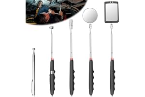LEIKURVO Pack of 5 Retractable Inspection Mirror Kit: Telescopic Mirror, Telescopic Magnet Tool with LED Lamp, Square and Round Inspection Mirror, Telescopic Handle, 360 Rotatable Pick Up Tool Set